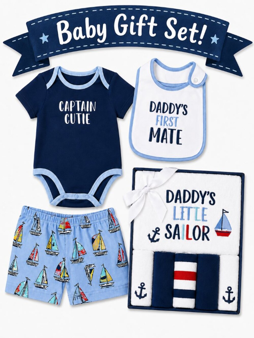 NWT Baby Essentials Nautical Sailor Baby Shower Gift Set 12M Onesie Bib Shorts